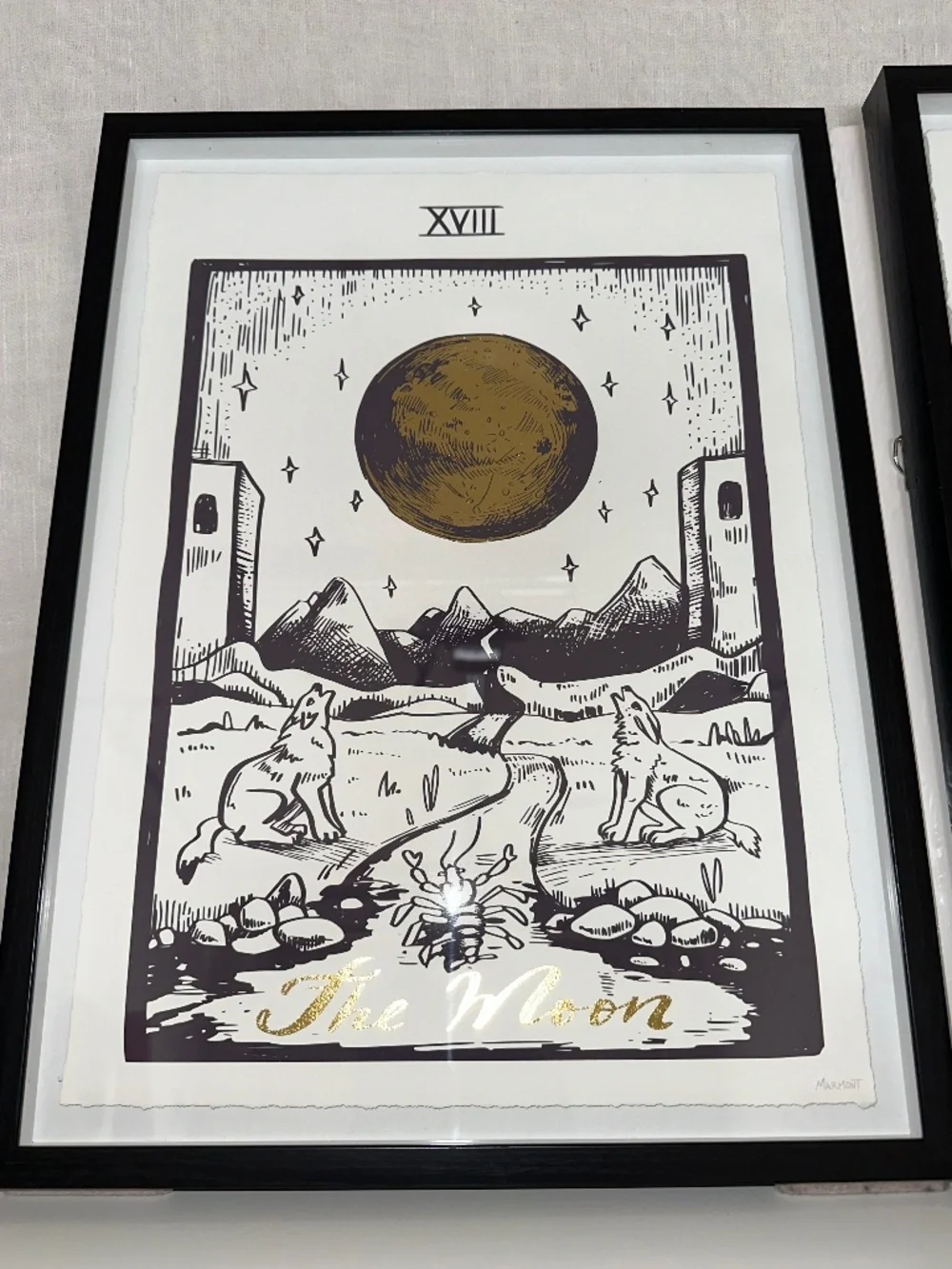 Framed “The Moon” Tarot Card Black and White Art Print with Gold Foil Accents
